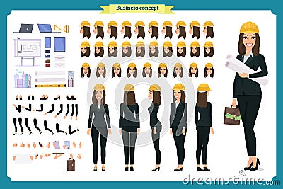 Woman architect in business suit and protective helmet. Character creation set. Vector Illustration