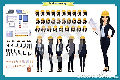 Woman architect in business suit and protective helmet. Character creation set. Vector Illustration