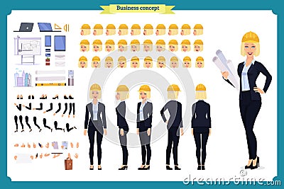 Woman architect in business suit and protective helmet. Character creation set. Vector Illustration