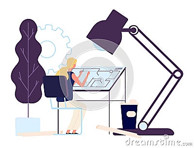 Woman architect at work. Vector girl engineer character. Professional architect draws project vector illustration Vector Illustration