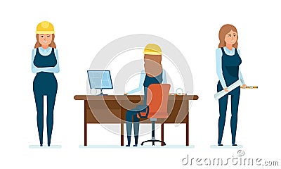 Woman architect worker, prepares drawings, works on project, makes calculations. Vector Illustration