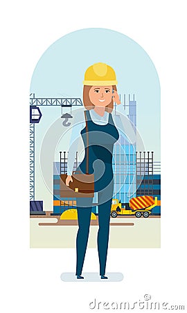 Woman architect worker, talks on phone, solves questions of construction. Vector Illustration