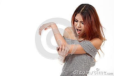 Woman with arm, elbow injury Stock Photo