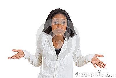 Woman arms out shrugs shoulders I don't know Stock Photo