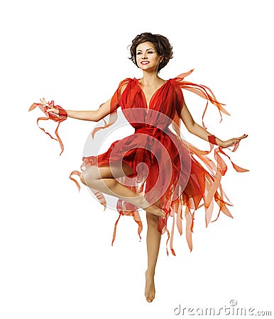 Woman Artist Dancing in Red Dress, Modern Ballet Tiptoe Dance Stock Photo