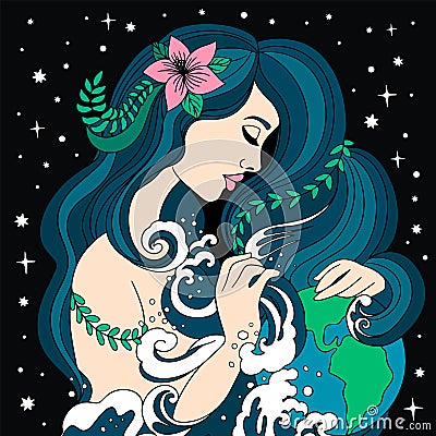 woman as a symbol of nature protects the planet earth, washes it with the waters of the ocean. Save the planet concept Vector Illustration