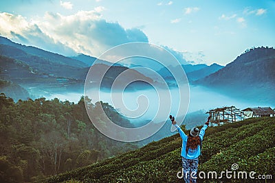 Woman asian travel nature. Travel relax. Natural park on the Moutain. Thailand Stock Photo