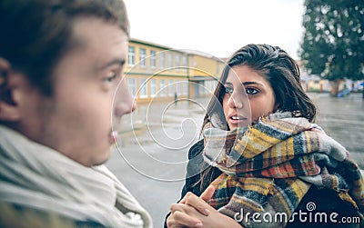 Woman asking apologize to offended man after Stock Photo