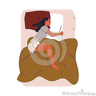 Woman asleep. Female sleeping alone on double bed, hugging pillow with arms, missing husband. Happy girl lying, dreaming Vector Illustration