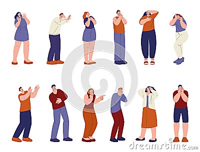 Woman astonishment and people afraid. Scared faces, person frightened stunned or feared. Panicking flat characters Vector Illustration