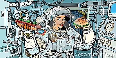 Woman astronaut eats in a spaceship Vector Illustration