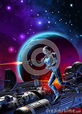 Woman astronaut is fighting near a spaceship under attack, 3d ilustration Stock Photo