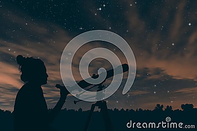 Woman with astronomical telescope. Night sky. Stock Photo