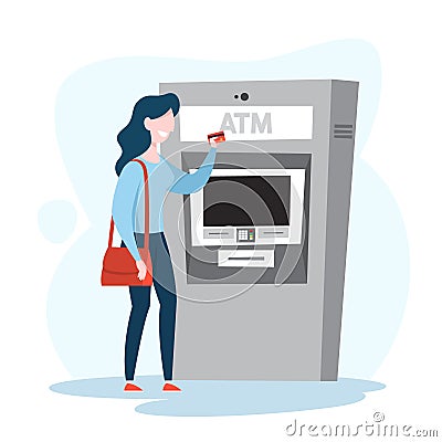 Woman at the ATM. Withdraw cash from machine Vector Illustration