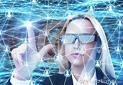 Woman in augmented reality glasses, network Stock Photo