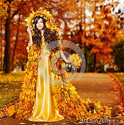 Woman Autumn Fashion Portrait, Fall Leaves, Model Girl Yellow Park Stock Photo