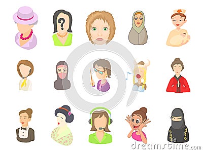 Woman avatar icon set, cartoon style Vector Illustration