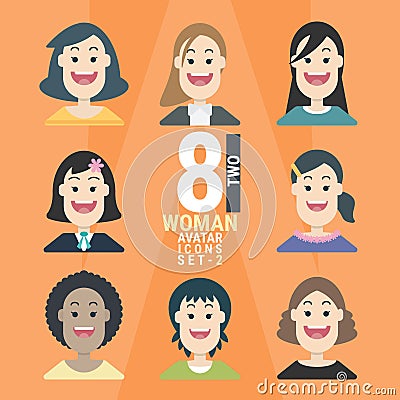 8 Woman Avatar icons.Variety of People character - set 2 Vector Illustration