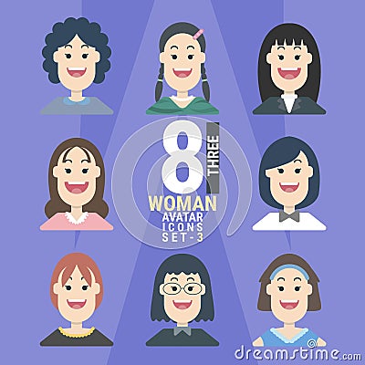 8 Woman Avatar icons.Variety of Young People - set 3 Vector Illustration