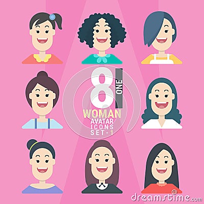 8 Woman Avatar icons.Variety of Young People vector illustration - set 1 Vector Illustration