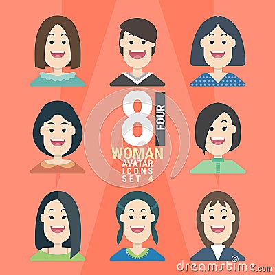 8 Woman Avatar icons.Variety of Young People vector illustration - set 4 Vector Illustration