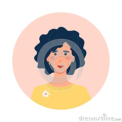 woman avatar portrait of a young curly-haired brunette Vector Illustration