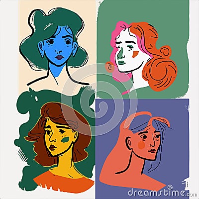 Woman avatar set vector illustration. Beautiful young girls portrait with different hair style isolated on solid background Cartoon Illustration