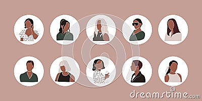 Woman avatars. Abstract female characters portraits round highlight covers, boho contemporary model faces. Vector frames Vector Illustration