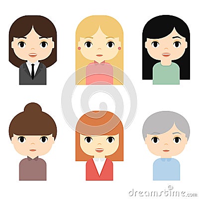Woman Avatars Set with Smiling faces. Female Cartoon Characters. Businesswoman. Beautiful People Icons. Vector Illustration