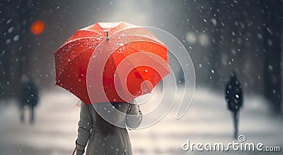 Woman from the back holding red umbrella in the snow 3D rendering Cartoon Illustration