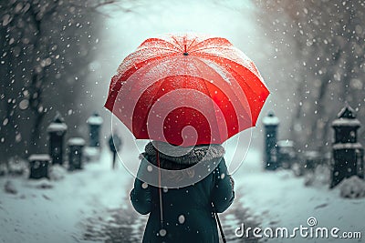 Woman from the back holding red umbrella in the snow 3D rendering Cartoon Illustration