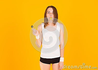 Young cute girl with whistle, studio Stock Photo