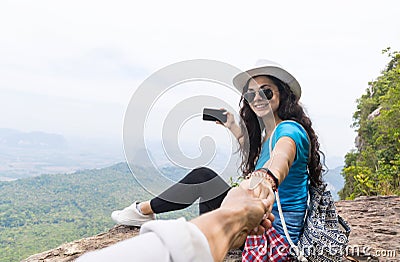 Woman With Backpack Take Photo Of Landscape From Mountain Top On Cell Smart Phone Holding Man Hand Stock Photo