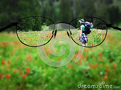 Woman Backpacking Glasses Focus Stock Photo