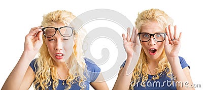 Woman with bad vision and with glasses Stock Photo