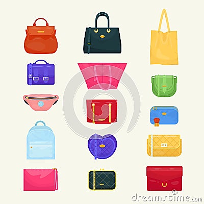 Woman bag vector girls handbag or purse and shopping-bag or baggy package from fashion store illustration set of Vector Illustration