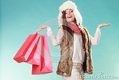 Woman with bags shopping. and empty hands. Stock Photo