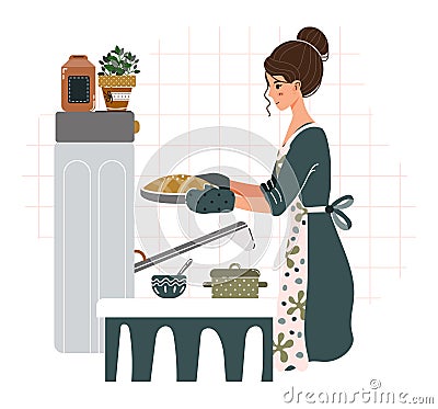 Woman baking bread in kitchen, preparing homemade loaf with oven mitts. Young female cook in apron showcasing cooking Stock Photo