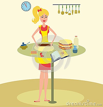 Woman baking cake in kitchen vector illustration. Vector Illustration
