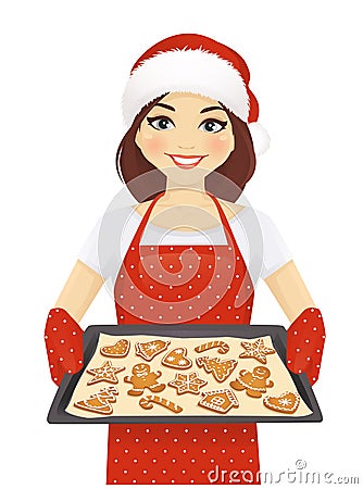 Woman baking christmas cookies Vector Illustration