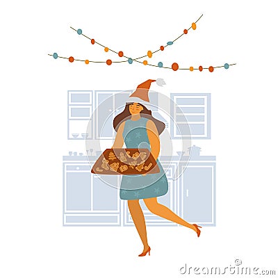 Woman baking christmas gingerbread cookies scene Vector Illustration