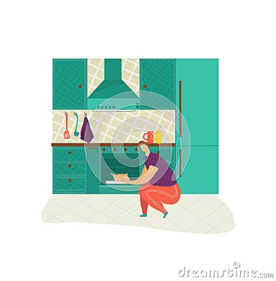 Woman baking food in modern kitchen, sitting with oven mitts and dish. Casual cook preparing homemade meal. Comfortable Vector Illustration