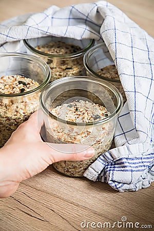 Woman baking raw bread dough with chia, oats, flaxseeds, sunflower and pumpkin seeds in mason glass jar for canning and prepper Stock Photo