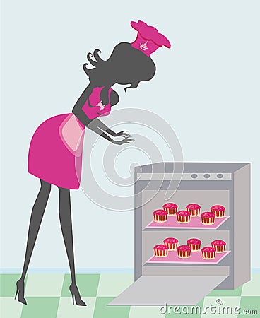 Woman baking sweet muffins Vector Illustration