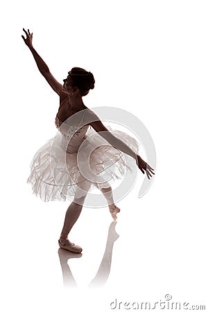 Woman ballerina in white pack tutu posing on white background Stock Photo