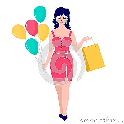 Woman with balloons and gifr bag Vector Illustration