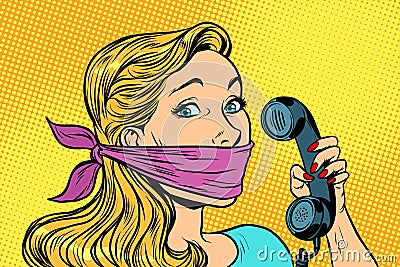 Woman with bandage on mouth and phone Vector Illustration