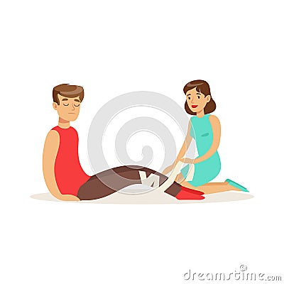 Woman bandaging the leg of the injured man, first aid vector Illustration Vector Illustration