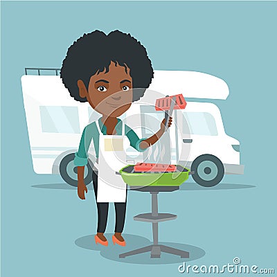 Woman barbecuing meat in front of camper van. Vector Illustration