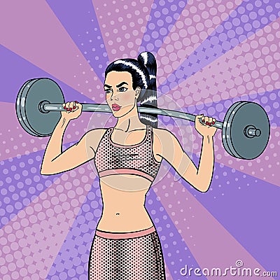 Woman with Barbell. Fit Girl. Healthy Lifestyle. Pop Art Vector Illustration